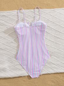 Summer Beach Resort Rainbow Striped Print U-Neck One-Piece Swimsuit For Women - Pink - View 2