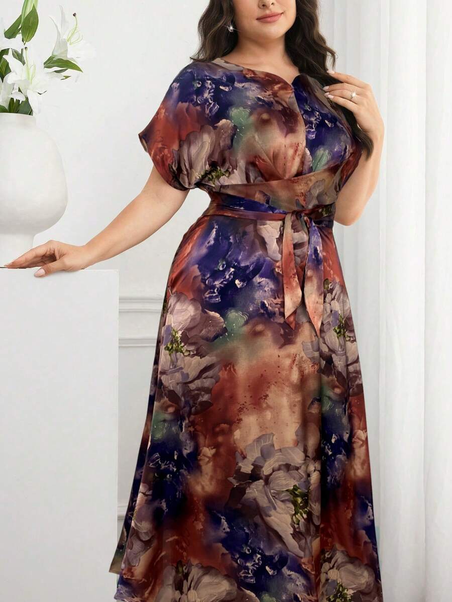 Modelyn Plus Size Elegant Floral Print Dress, Summer - Brown - View 1