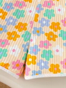 2pcs/Set Girl Toddler Colorful Floral Full Print + Solid Color Comfy Casual Romper, Suitable For Summer