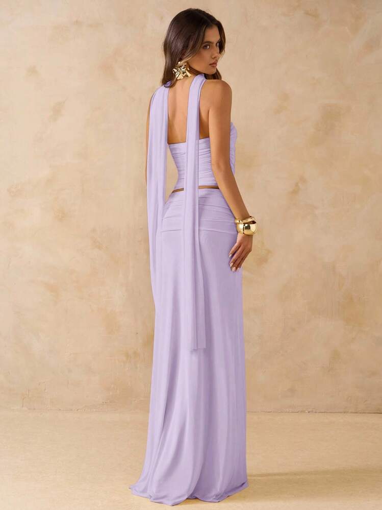 SHEIN BAE 2pcs/Set Women Summer Solid Pink Ruched Bandeau Top & Low Waist Ruched Tie Maxi Skirt, Beach Vacation Outfit, Bohemian Style Backless Dress, Women Music Concert Outfit, Wedding Bridesmaid Party Dress - Mauve Purple - View 2