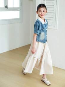 Tween-Mädchen 2-teiliges Set mit kontrastfarbenem Kragen, Puffärmeln, Jeansjacke und Camisole-Kleid mit Schleife - Aprikosenfarben - Übersicht 6
