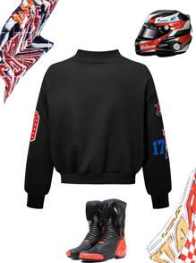 Tween Girl Black Letter Print Baseball Jacket, Short Bomber Coat - Black - View 2