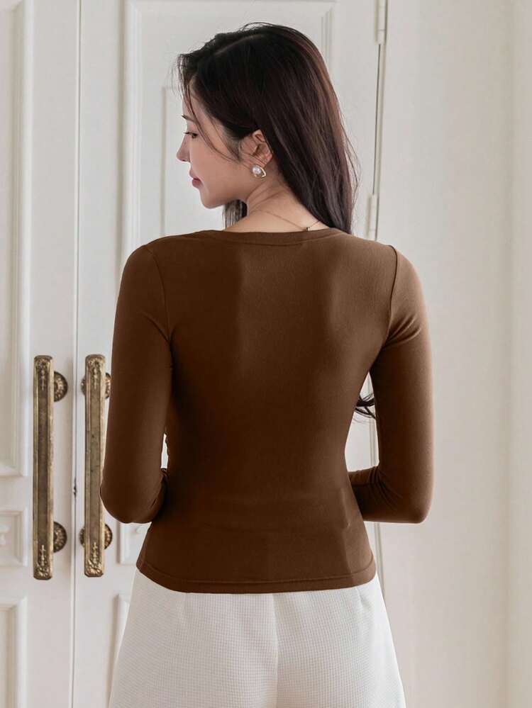 Women's Elegant Solid Color V-Neck Wrap T-Shirt, Suitable For Valentine's Day Fall Tops Long Sleeve Top