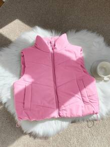 Comfortcana 女式浅粉色拉链双面纽扣灯芯绒抽绳短款背心夹克秋冬 - 淺粉色 - 查看 3