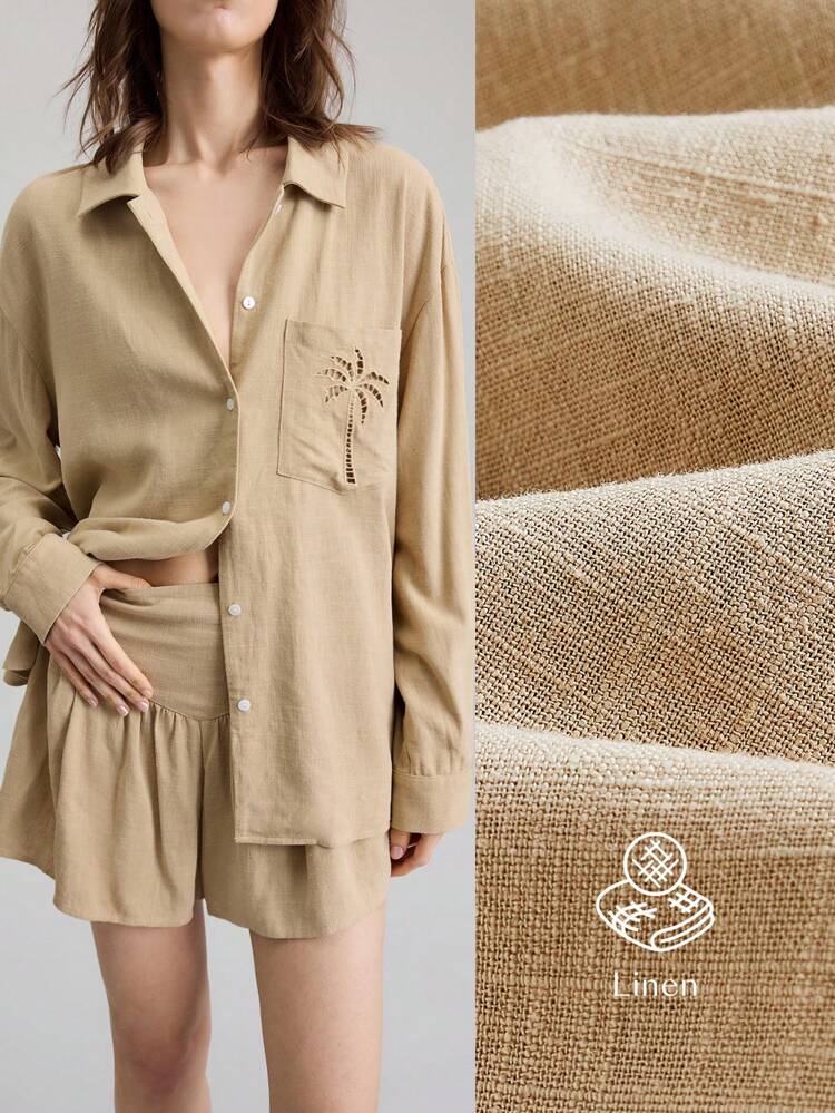 2 Pieces Women's Summer Set:Khaki Solid Color Long Sleeve Shirt+Shorts,Fashionable Casual Vacation Holiday Suitable For Independence Day,Beach Wear