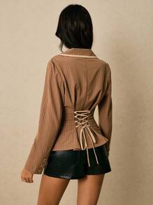 Poéselle 女式条纹翻领长袖单排扣优雅衬衫，女式条纹西装外套，棕色条纹西装外套，女式西装外套，女式西装外套 - 棕色 - 查看 2