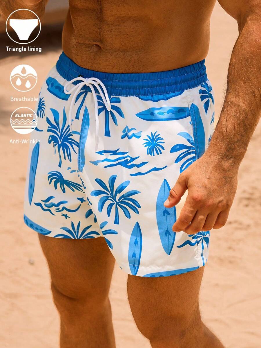 Surfspeed Herren Palmenbaum Muster Shorts mit Kordelzug in der Taille, Lässig Strandshorts - Blau - Übersicht 1