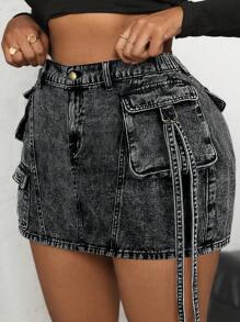 SHEIN ICON 大码女式宽松牛仔迷你裙，复古水洗休闲，工作服风格 - 黑色 - 查看 1