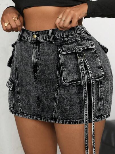 SHEIN ICON Minifalda vaquera holgada de talla grande para mujer, estilo retro lavado, casual y de uso laboral