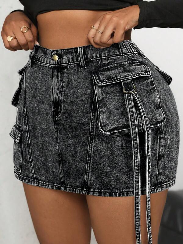 SHEIN ICON Minifalda vaquera holgada de talla grande para mujer, estilo retro lavado, casual y de uso laboral