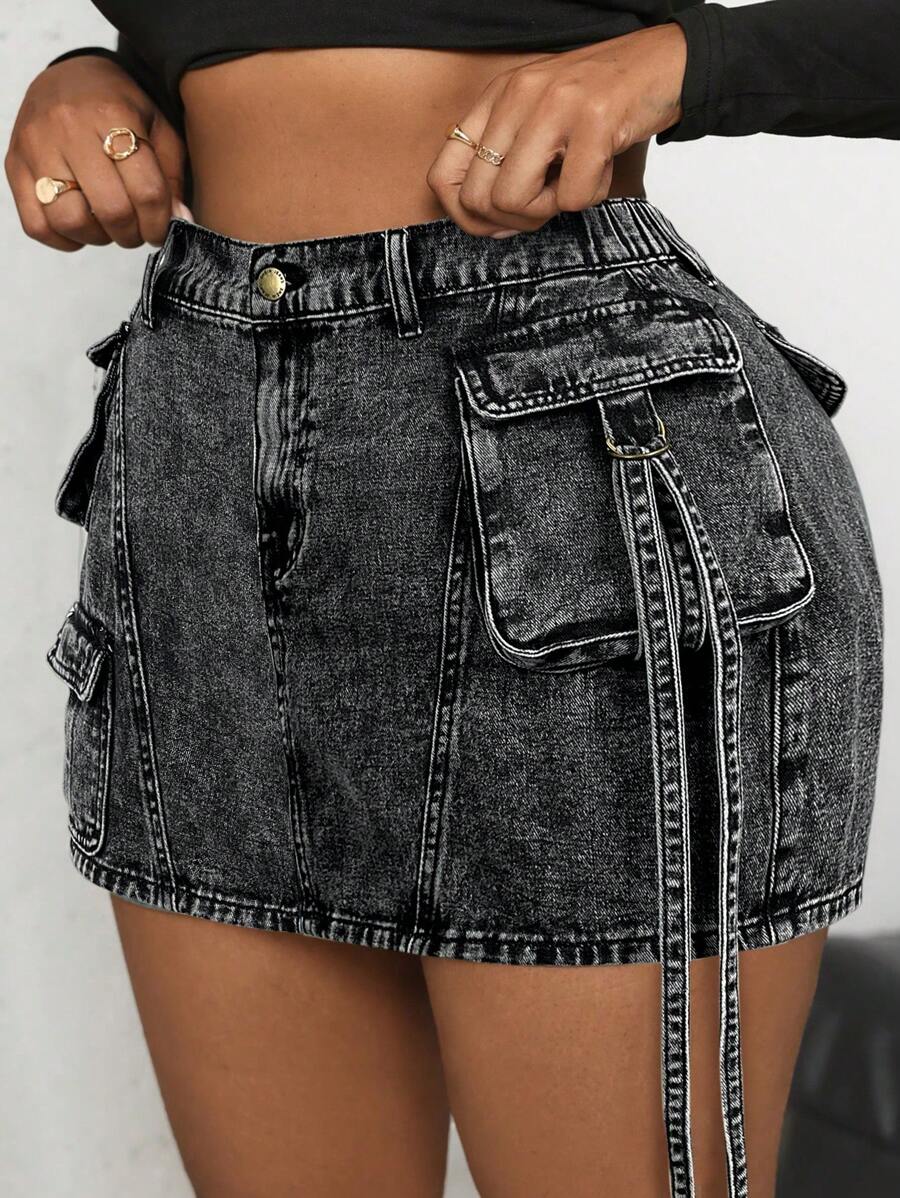SHEIN ICON 大码女式宽松牛仔迷你裙，复古水洗休闲，工作服风格 - 黑色 - 查看 1