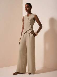 Zivah 2025夏季新款：适合生日派对、返校季、学院风、学生装、日常穿着、基础百搭、休闲、度假、邮轮、沙滩、海边、日光浴、网络流行风格、街头风、优雅、通勤、商务休闲、俱乐部风格、V领无袖、不对称斜开门扣可打开、修身上衣和直筒裤，有真口袋、卡其色纹理面料、夏季套装、女式两件套西装 - 杏色 - 查看 4