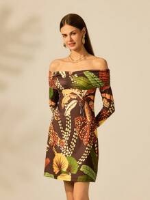 CAJUNI Mono corto con hombros descubiertos, manga larga, plisado y estampado de palmeras para mujer, ideal para vacaciones - Multicolor - Ver 3