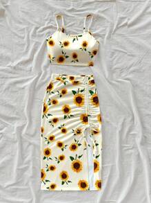 Soleia 女式休闲无袖短款上衣和抽绳高开衩紧身裙套装，适合夏季和度假，向日葵和花卉印花 - 杏色 - 查看 3