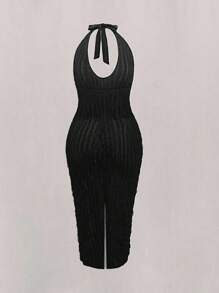 Vestido de escote profundo en V transparente, con cuello de halter y espalda descubierta, talla grande - Negro - Ver 2