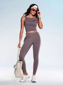 Gameset SHEIN Sport Women's Minimalist Solid Color Hollow-Out Knot Sports Leggings - Light Grey - View 5