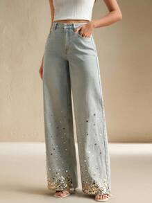 Fashionable Sequin Embellished Casual Loose Fit Women's Jeans - Blue - View 3
