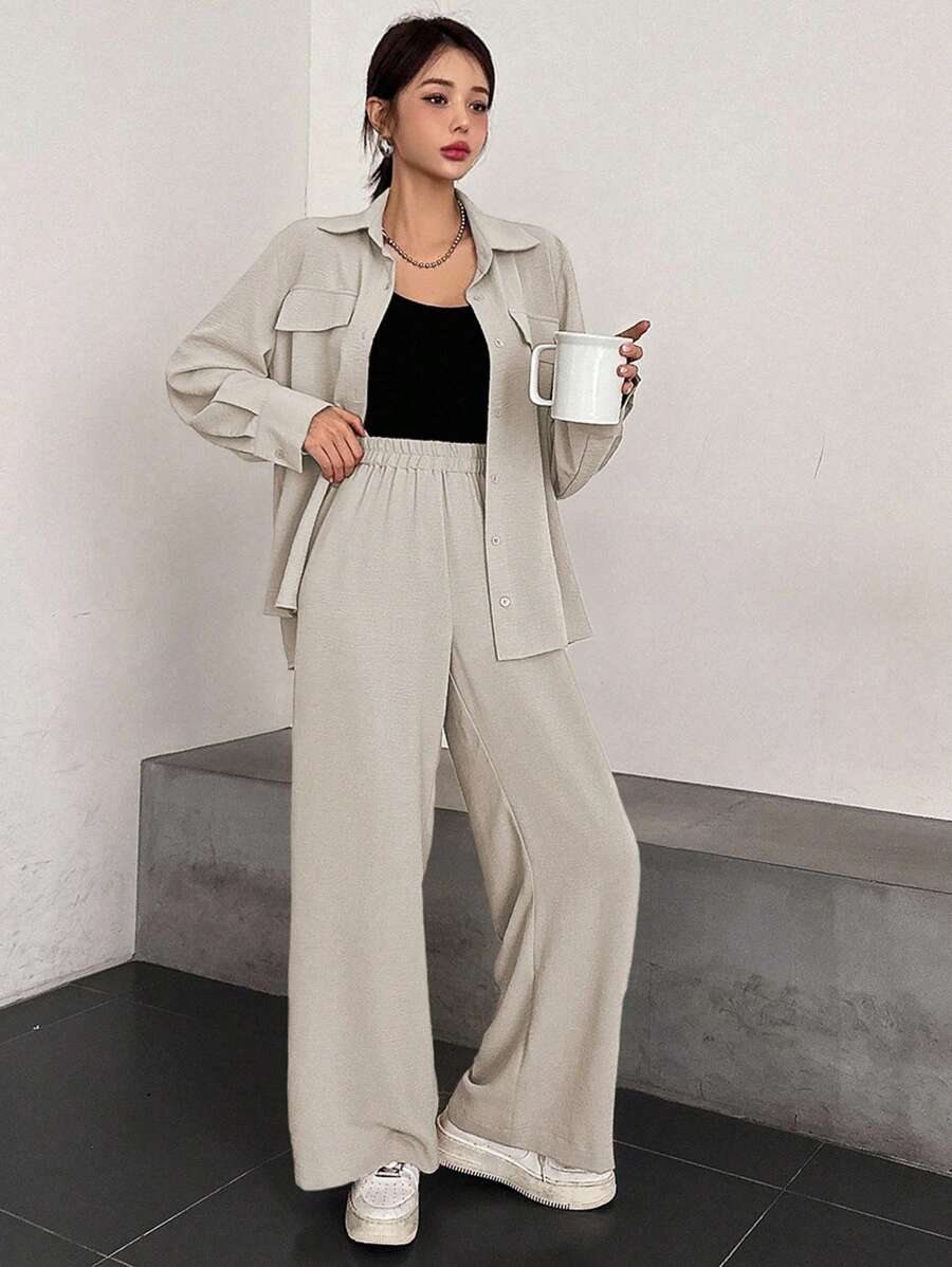 DAZY 2pcs Women Solid Color Button Front Long Sleeve Top And Elastic Waist Pants Set,Fall Women Clothes Lounge Sets For Women - Beige - View 1