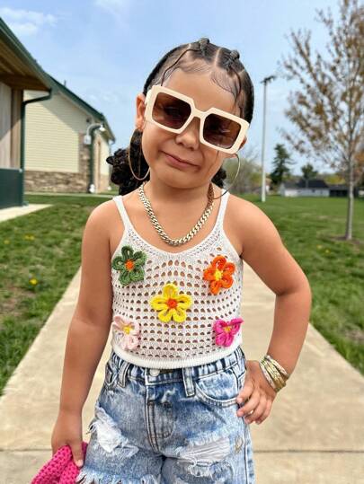 SHEIN Young Girl Colorful Floral Hollowed-Out Crochet Knit Top, Summer Vacation Style