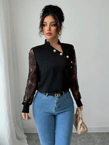 Gloray 女式立领 V 领运动衫，金属纽扣装饰，袖子拼接和向日葵网眼插片，毕业典礼、教师、返校套头衫秋季 - 黑色 - 查看 7