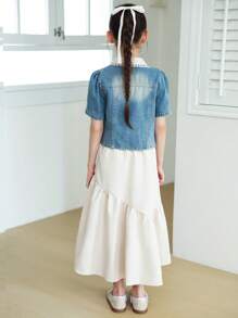 Tween-Mädchen 2-teiliges Set mit kontrastfarbenem Kragen, Puffärmeln, Jeansjacke und Camisole-Kleid mit Schleife - Aprikosenfarben - Übersicht 2