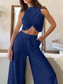 Cloudara Sencillez elegante: Conjunto de top corto drapeado de cuello redondo y Bottom a juego