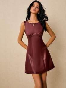 Poéselle Women's Chic Elegant Burgundy Autumn PU Fabric Round Neck Ruched Sleeveless Mini Dress,Old Money Style Dinner Date Fashion Solid Color Fall Clothes - Burgundy - View 4