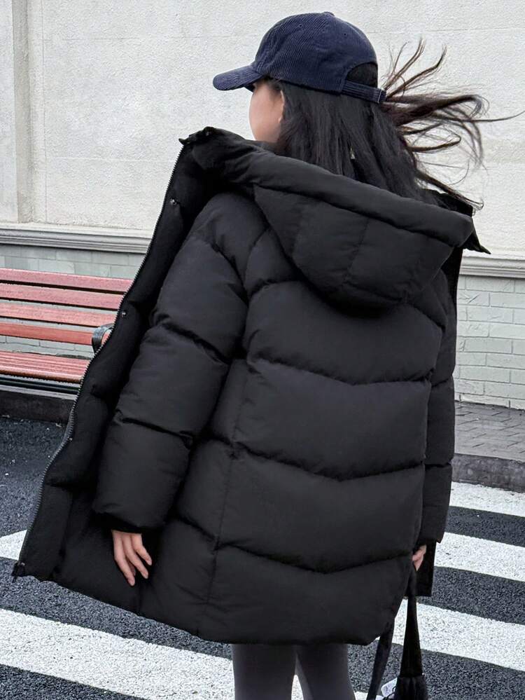 Tween Girls Hooded Casual Korean Style Solid Color Cute Long Sleeve Padded Coat, Winter