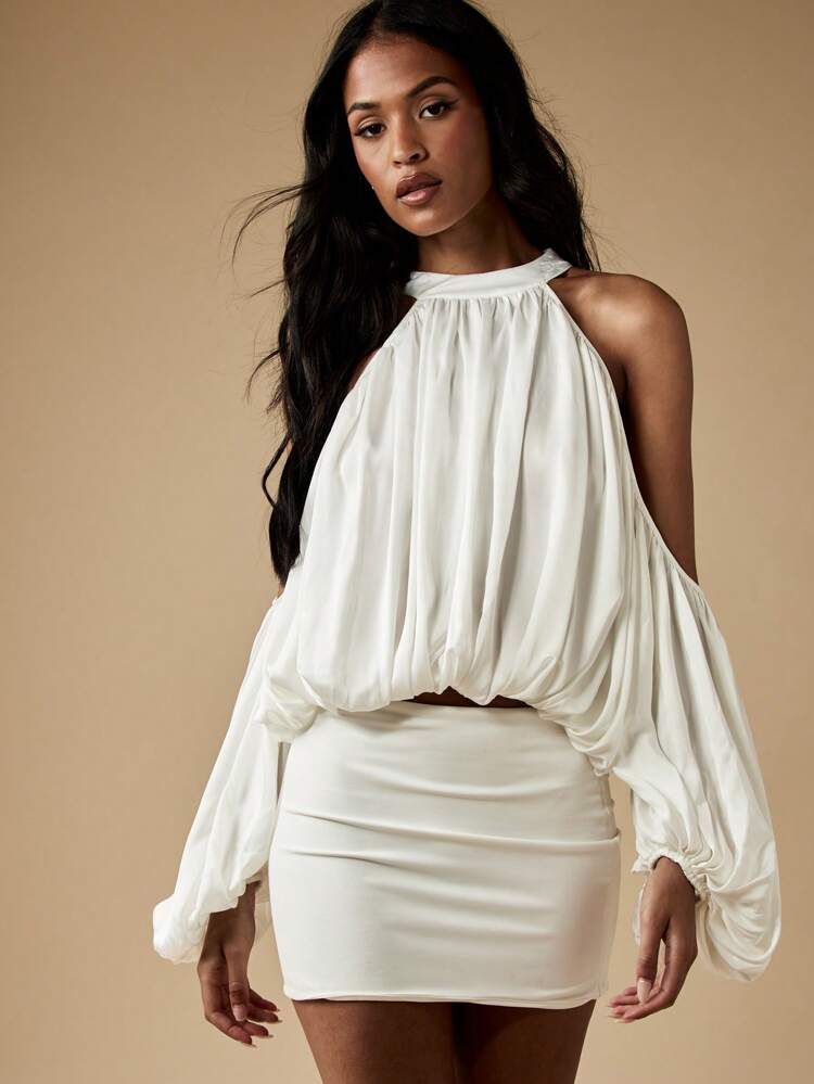 MISSGUIDED Blusa de hombros descubiertos con cuello halter, manga de globo, apropiada para boda, resort, eventos formales, fiestas de noche y salidas nocturnas