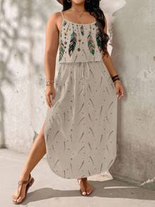 SHEIN LUNE 大码夏日度假金色羽毛印花连衣裙