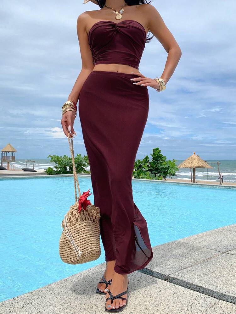 2pcs Women Summer Beach Strapless Crop Top & Skirt Set
