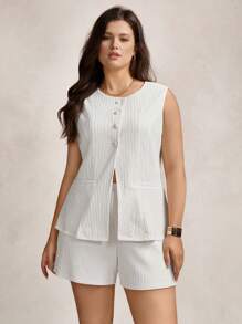 SHEIN LUNE 大码女式单排扣背心和短裤套装