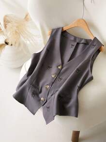 SHEIN Frenchy Plus Size Casual Commuting Bow Embroidered V-Neck Sleeveless Waistcoat Graduation,Back To School,Teacher In Fall/Winter - Grey - View 5