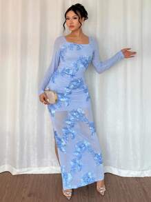 Rafferiza 女式优雅纹理荷叶边细节侧开衩修身连衣裙，春夏 - 藍色 - 查看 7