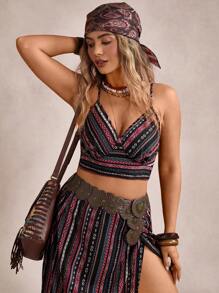 Freevana Plus Size Vacation Camisole & Elastic Waist High Slit Skirt 2pcs Set,Holiday Outfits Boho