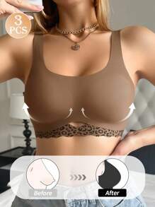 SHEIN 3-Pack Women's Seamless Leopard Print Wavy Edge Wireless Lace Bras, Sexy Push Up Bras With Wide Straps - Multicolor - View 4