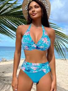 Swim Lushoire Bộ bikini hở lưng hở lưng họa tiết nhiệt đới cho kỳ nghỉ hè trên bãi biển dành cho nữ - Màu xanh lam - Xem 1