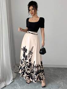 Rafferiza 女士优雅修身方领拼接腰带中式印花中长连衣裙