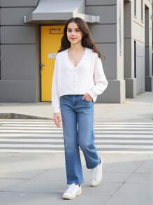 SHEIN كارديجان أبيض مثقوب خفيف الوزن مناسب للفتيات المراهقات، مناسب لمشاهد العطلات والمنزل، مناسب للأطفال للعب والارتداء في العودة للمدرسة - أبيض - مشاهدة 8
