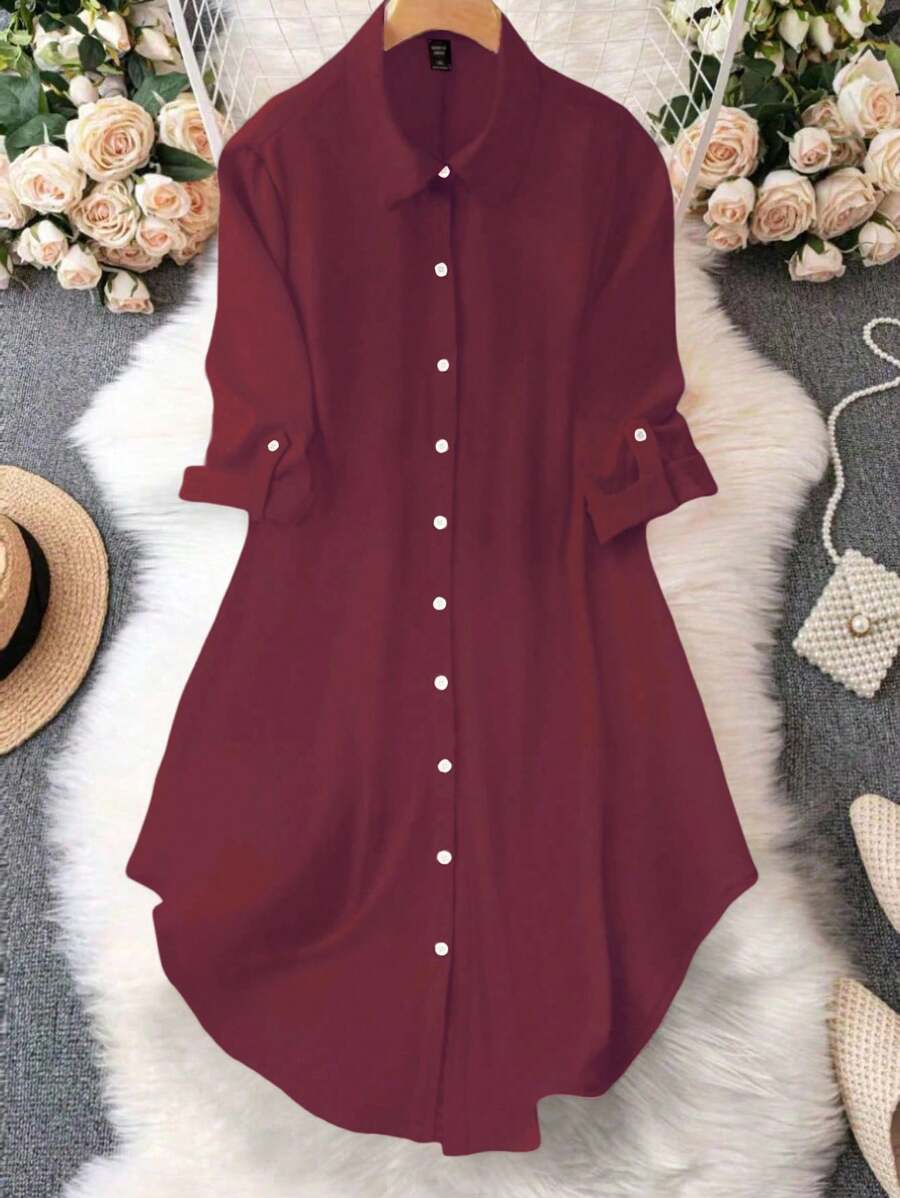EMERY ROSE Women's Casual Everyday Loose Solid Color Shirt Dress - Burgundy - View 1