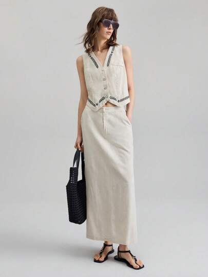 Ontre 2025 女士返校季商务休闲复古优雅百搭简约植物印花V领单排扣上衣