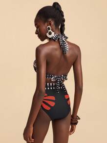 Travachic 女士几何印花露背性感比基尼泳装套装，夏日海滩 - 黑色 - 查看 2