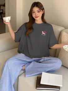 DAZY 2件套可爱木马印花上衣和格子彩色波尔卡圆点睡裤睡衣套装 - 深灰色 - 查看 5