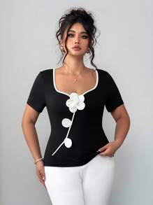 Elenzga Women's Summer Sweetheart Neckline Contrast Color Block White Trim Short Sleeve T-Shirt - Black - View 6