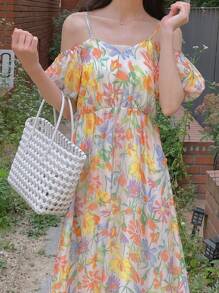 DAZY Vestido largo con hombros descubiertos, mangas abullonadas, estampado floral diminuto y cintura anudada, perfecto para vacaciones