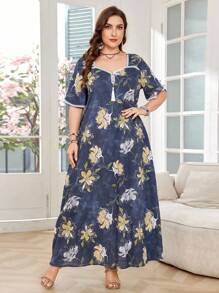 Lacomfia Vestido holgado de estilo árabe de media manga con escote de corazón y estampado floral para mujer de talla grande