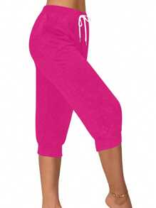 SHEIN LUNE Pantalones capri casuales de mujer con pliegues y cintura con cordón