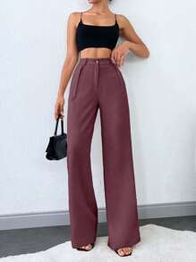 SHEIN Tall 100%纯棉高腰女士纯色斜口袋直筒裤 - 紫羅蘭色 - 查看 4