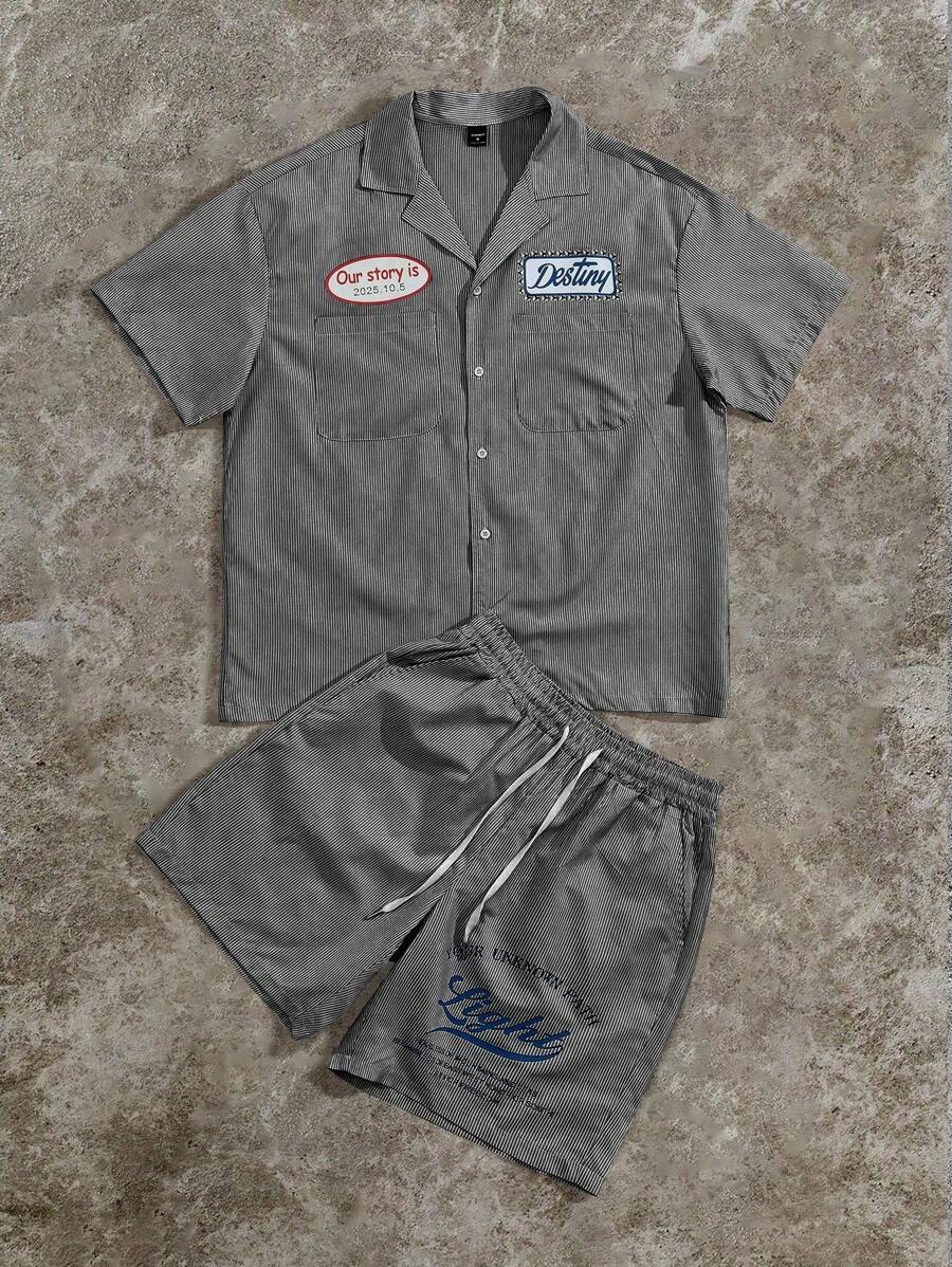 PAVTROS 2 件套男士休闲条纹字母印花短袖衬衫和短裤套装，夏季，时尚休闲，街头服饰，学院风单品，百搭翻领纽扣衬衫，适合送给男朋友的礼物，男士街头潮流衬衫，复古 T 恤男士 2 件套男士短款套装男士度假短款套装条纹短款套装男士