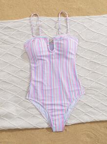 Summer Beach Resort Rainbow Striped Print U-Neck One-Piece Swimsuit For Women - Pink - View 4
